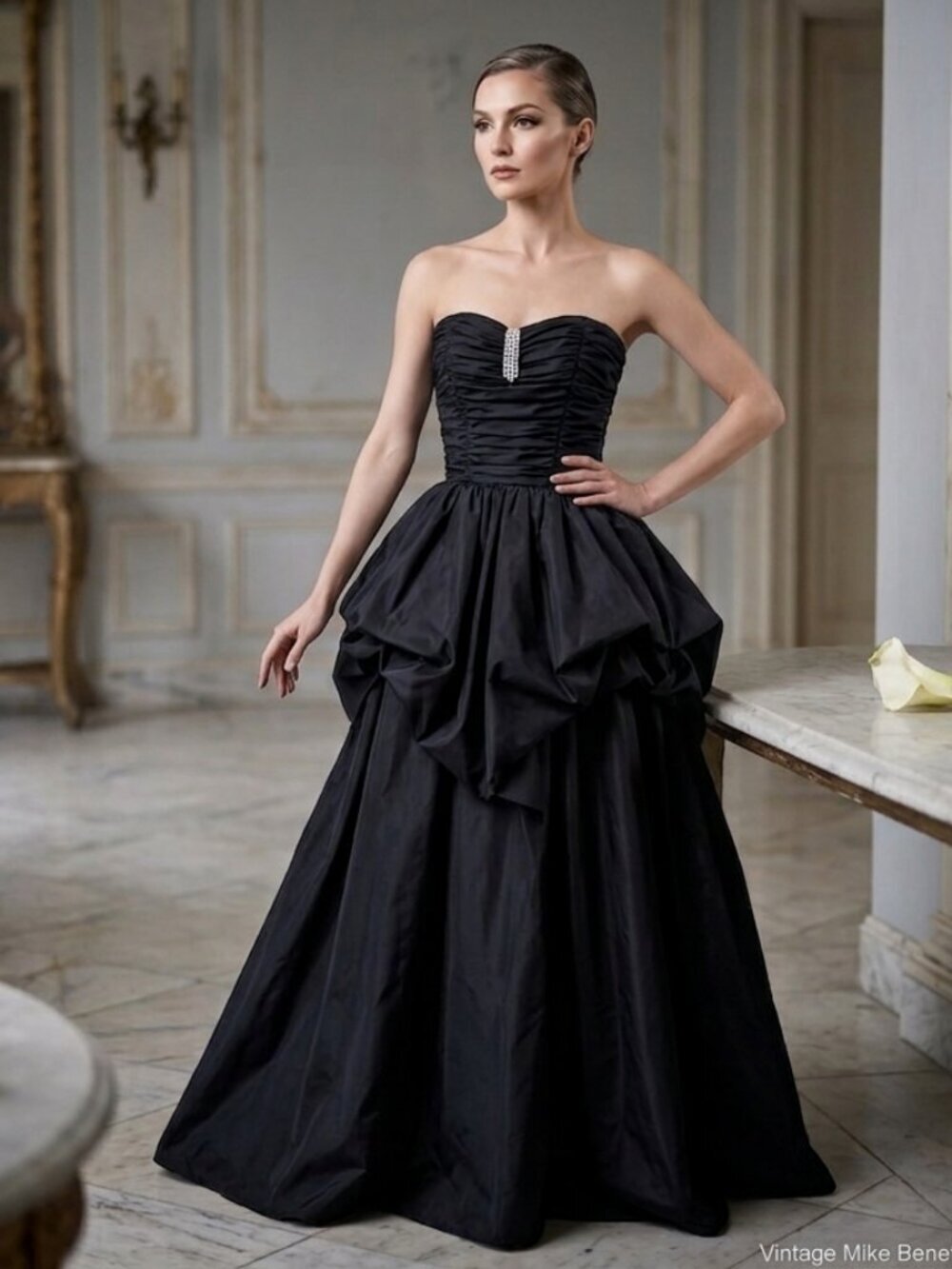 VINTAGE Mike Benet Formals Black Strapless Ball Gown Rhinestone & Peplum 0 XS